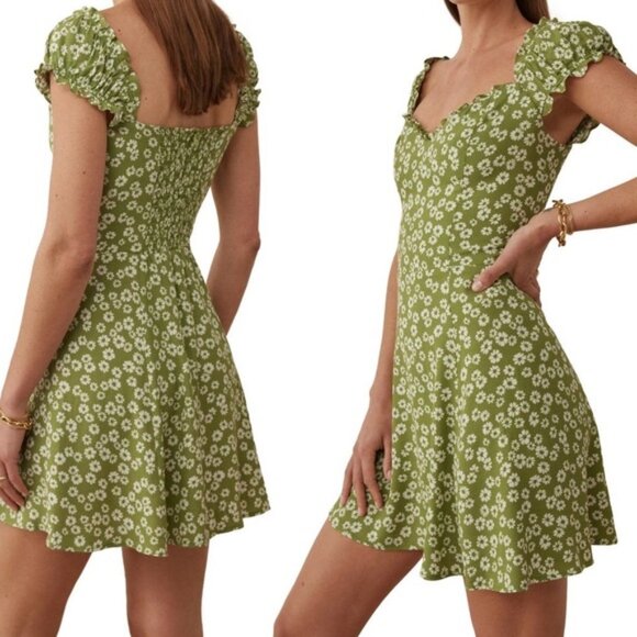 Reformation Fennel Green Pacey Ditzy Floral Mini Dress Size 0 - Picture 3 of 7